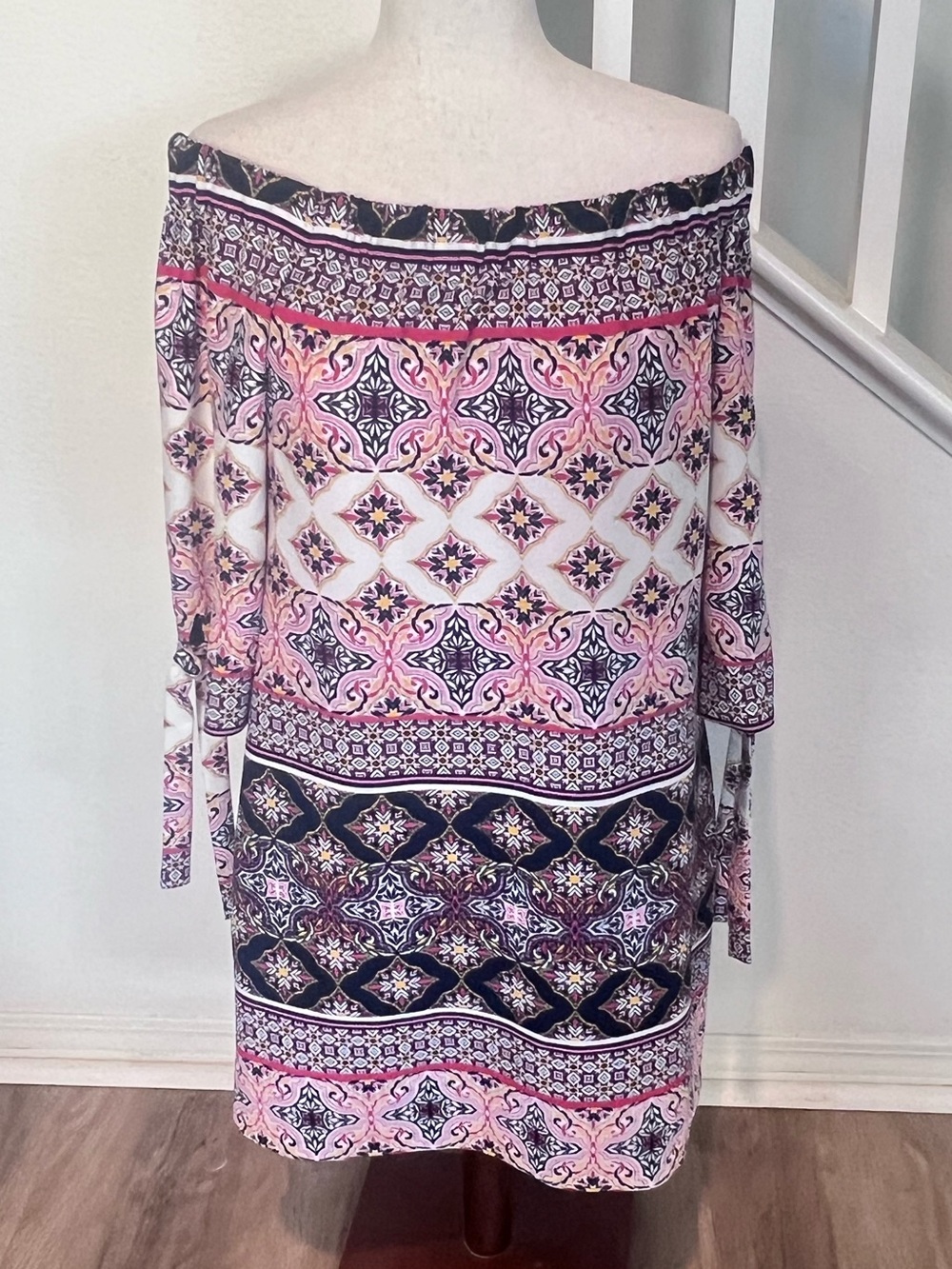 Vince Camuto Pink and Navy Off-Shoulder Patterned Long Sleeve Dress